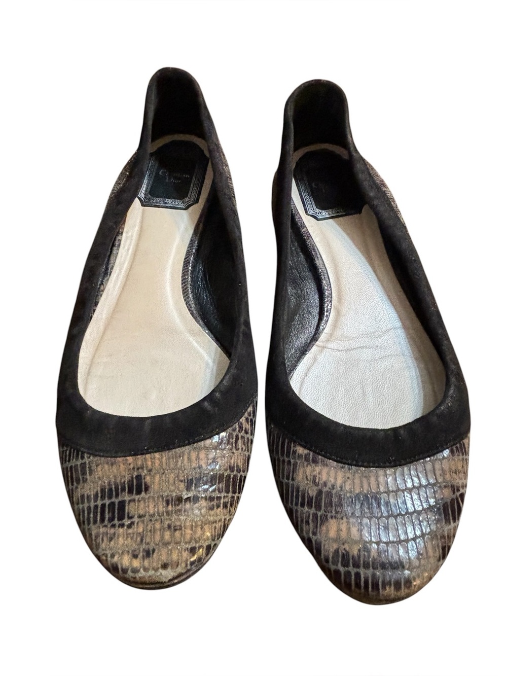 Dior Brown Reptile-Print and Black Trim Ballet Flats